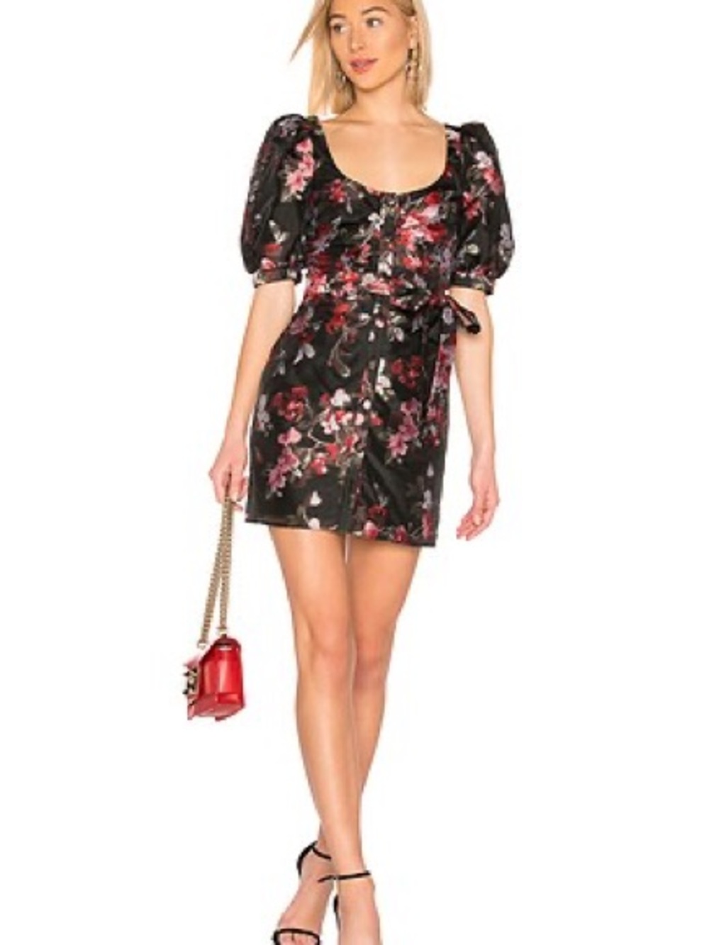 LPA Revolve NWT Zeta Black Floral Puff Sleeve Mini Dress with Red Pink Blooms XS